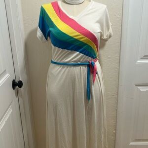 80s Cream Dress with Rainbow Stripe Tie-Waist